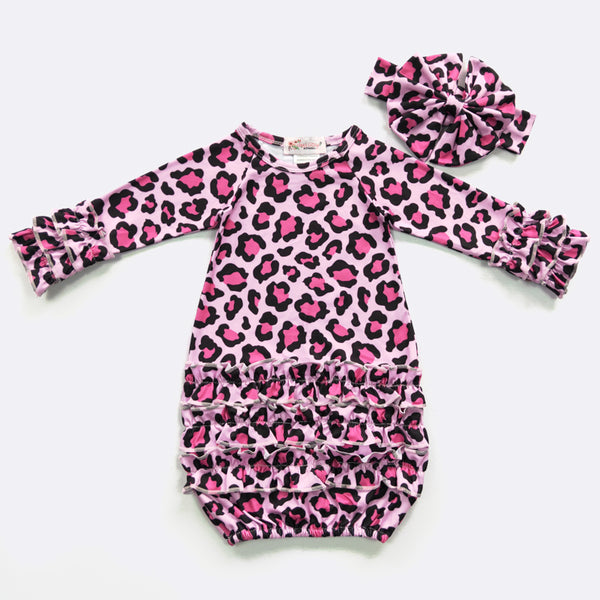 Pink Leopard Newborn Gown & Headwrap