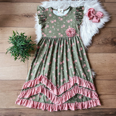 *PREORDER* Green & Pink Floral Triple Ruffle Dress