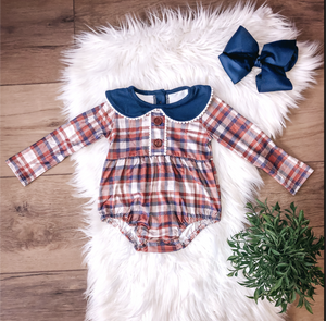 Rust and Navy Plaid Girls Infant Romper